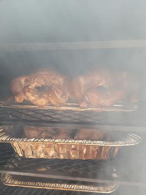 Turkeys in the smoker.