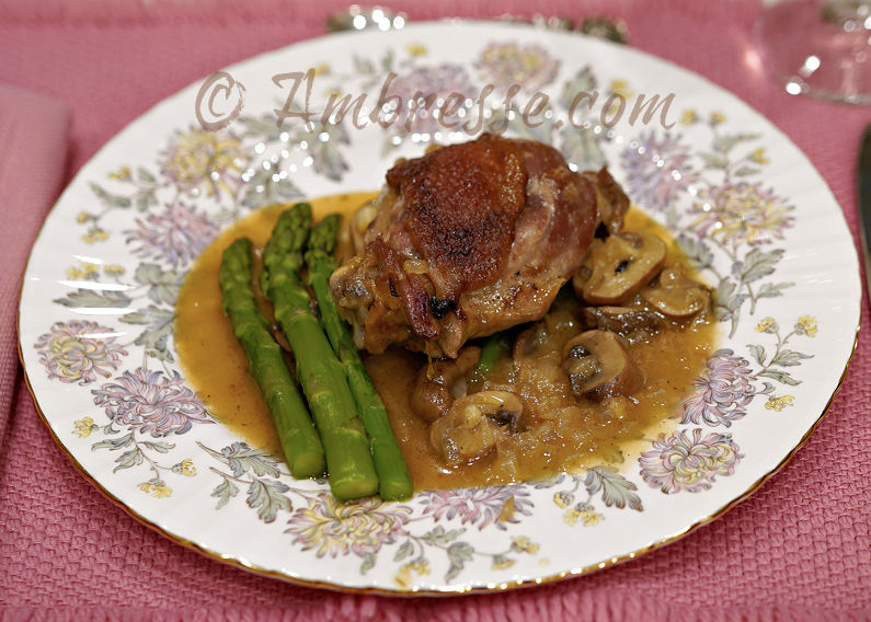 American Bresse thigh in mushroom sauce, plated.