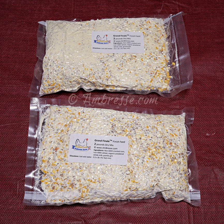 Two 2-pound packages of Grand Finale Finish Feed, for finishing American Bresse Chickens. From Ambresse.com.