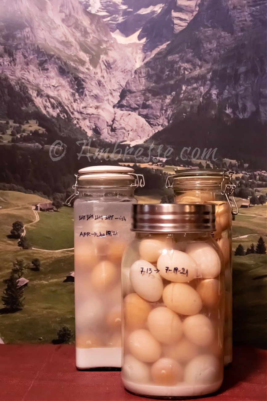 Dozens of water glassed eggs in covered glass jars. The eggs are 6 months old and are very fresh.