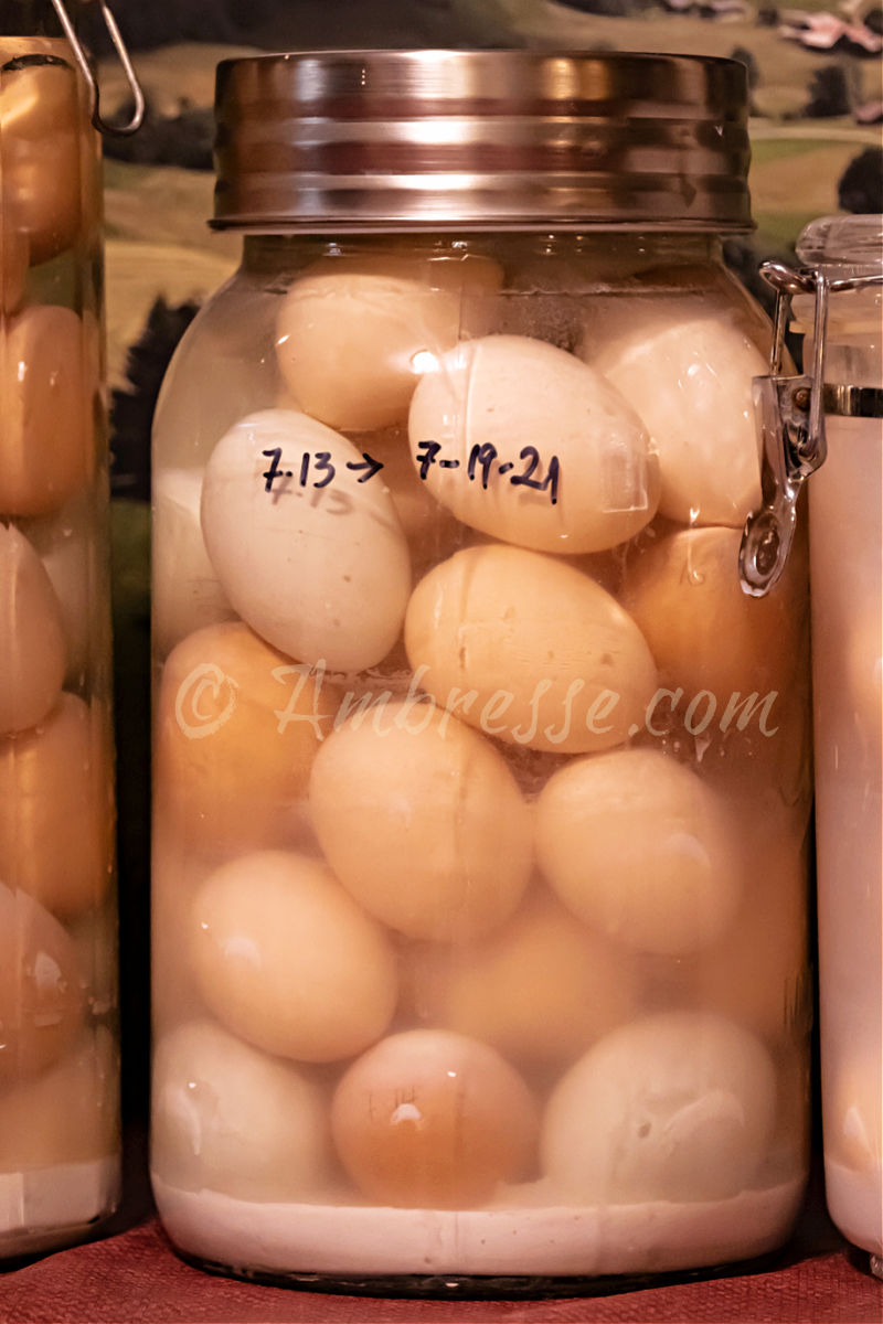 Covered glass jar containing around three dozen 6-month-old eggs in hydrated lime solution. These eggs are still in nearly perfect condition.