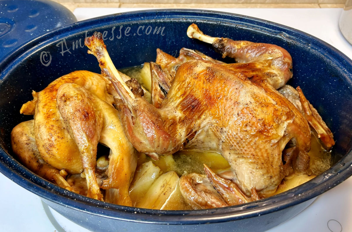 Two American Bresse Chickens roasted and deliciously browned (9542).