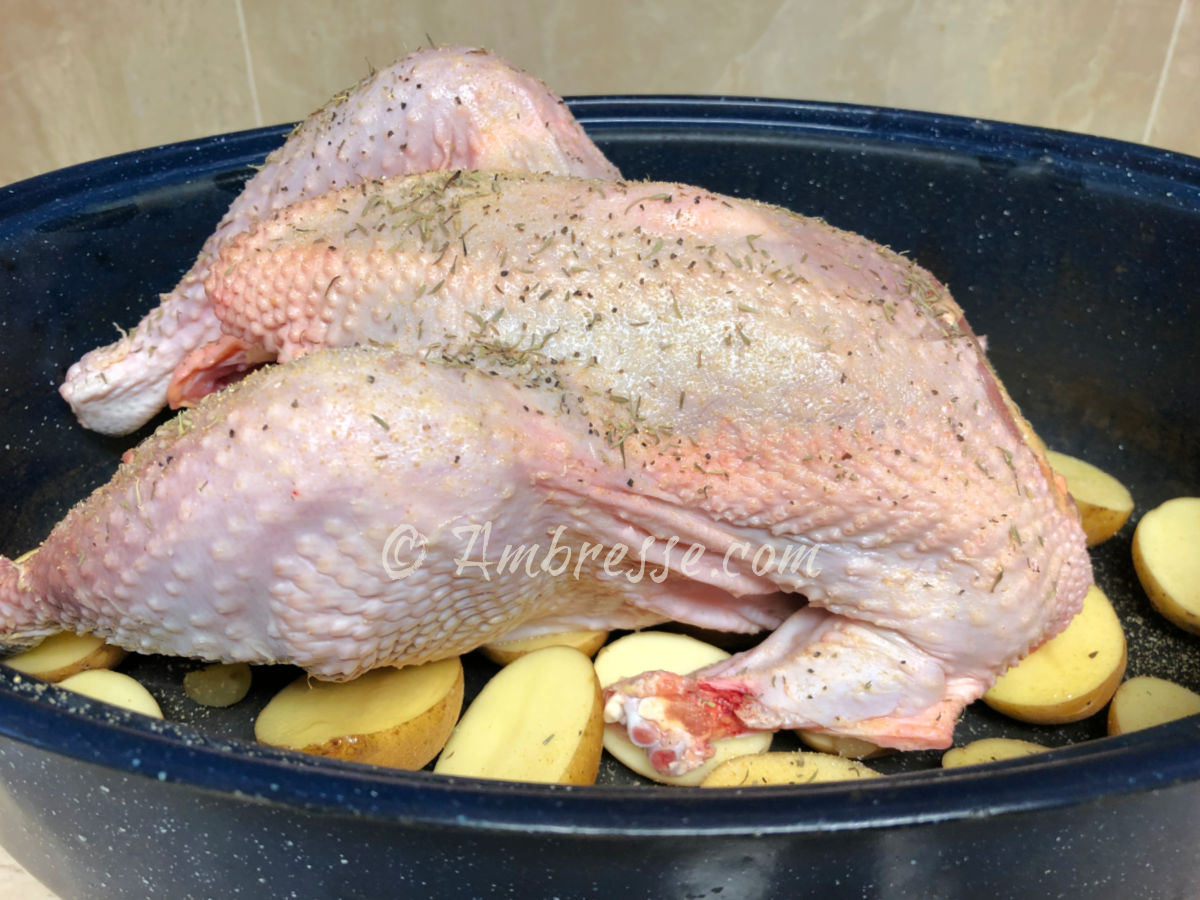 American Bresse in roaster, seasoned and ready to roast.