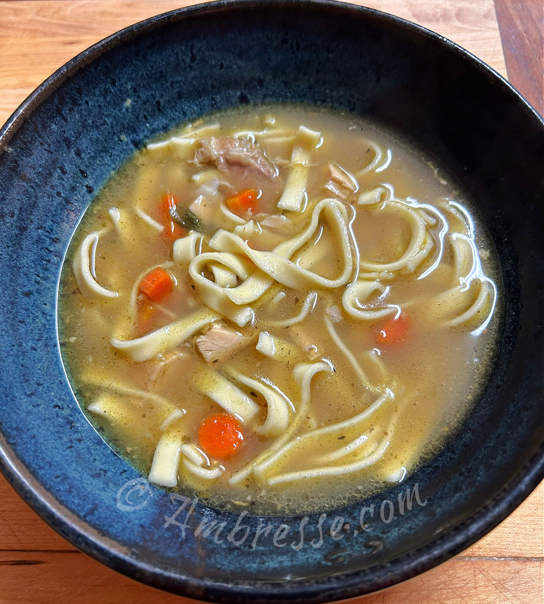 Chicken Noodle Soup, made with homemade chicken bone broth. Got a cold? Here is the remedy!