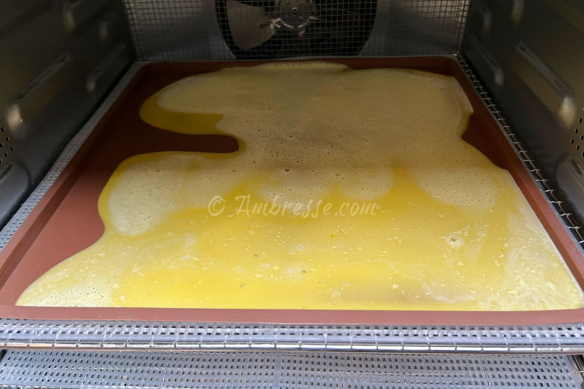 Raw scrambled eggs in silicone tray in the dehydrator (9675).