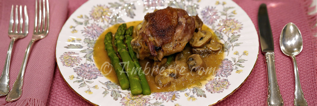 Fancy French Feast! American Bresse chicken in mushroom wine sauce.