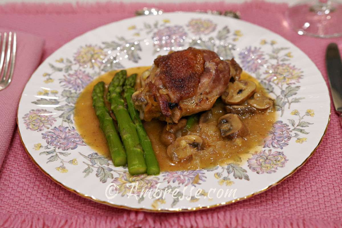 American Bresse in delicious wine and mushroom sauce. Incredible flavors.