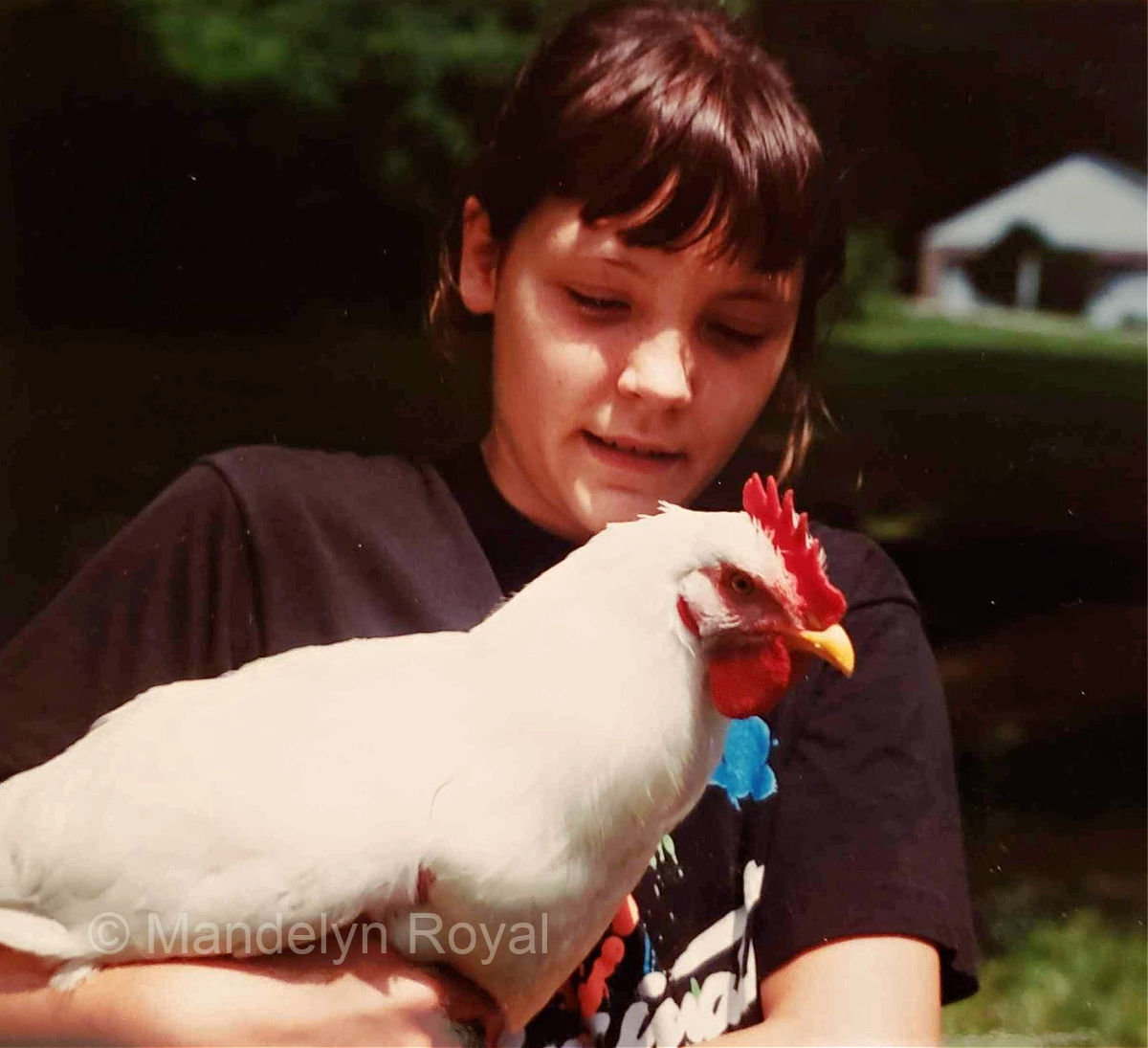 Mandelyn Royal with green-egg-laying hen, Trumpet, circa 1992.