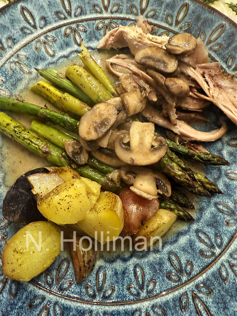 Nicole's delicious slow-cooked American Bresse chicken in wine mushroom cream sauce with all the fixins.