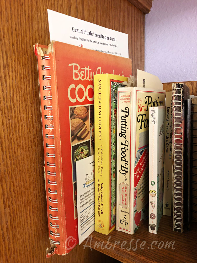 A full page Grand Finale Feed recipe card is tucked into the Betty Crocker cookbook, and a 5x7 card next to it, for easy grabbing.