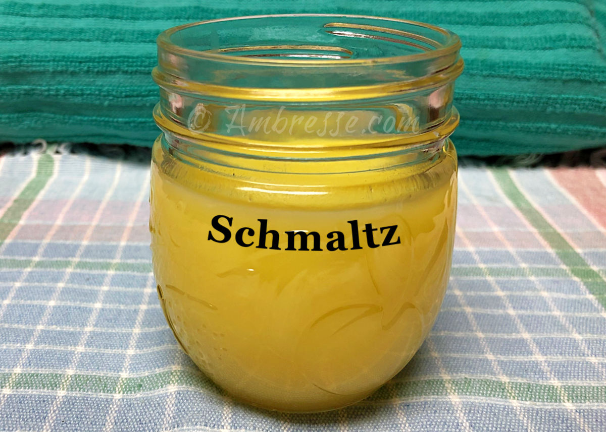 Jar of rendered chicken fat (schmaltz) cooled to room temp.
