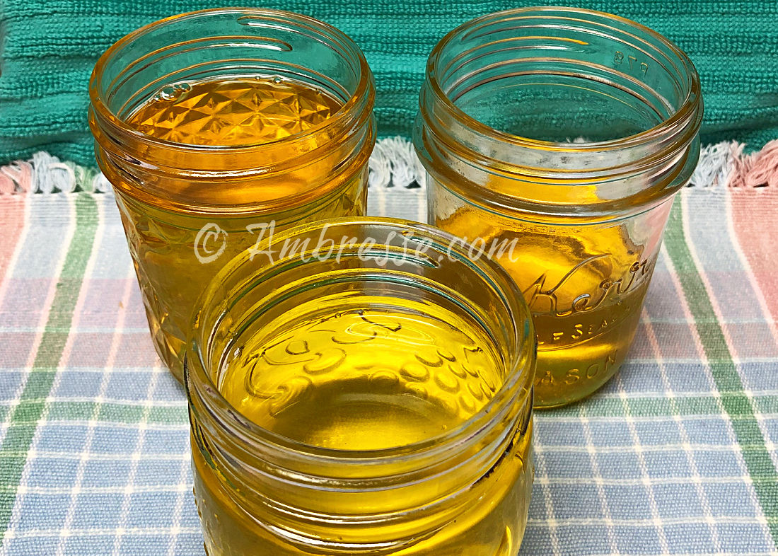 Several jars of still warm schmaltz.