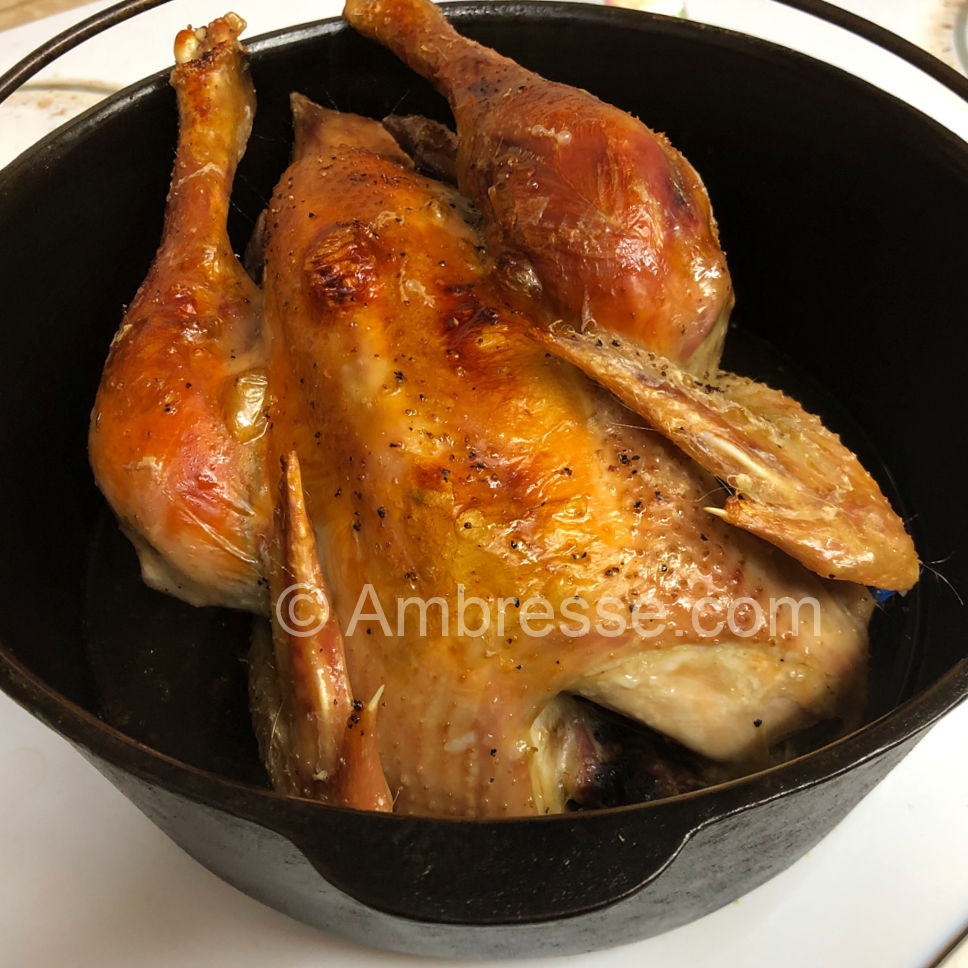 Golden-skinned, mouth-watering American Bresse poultry fresh out of the oven.