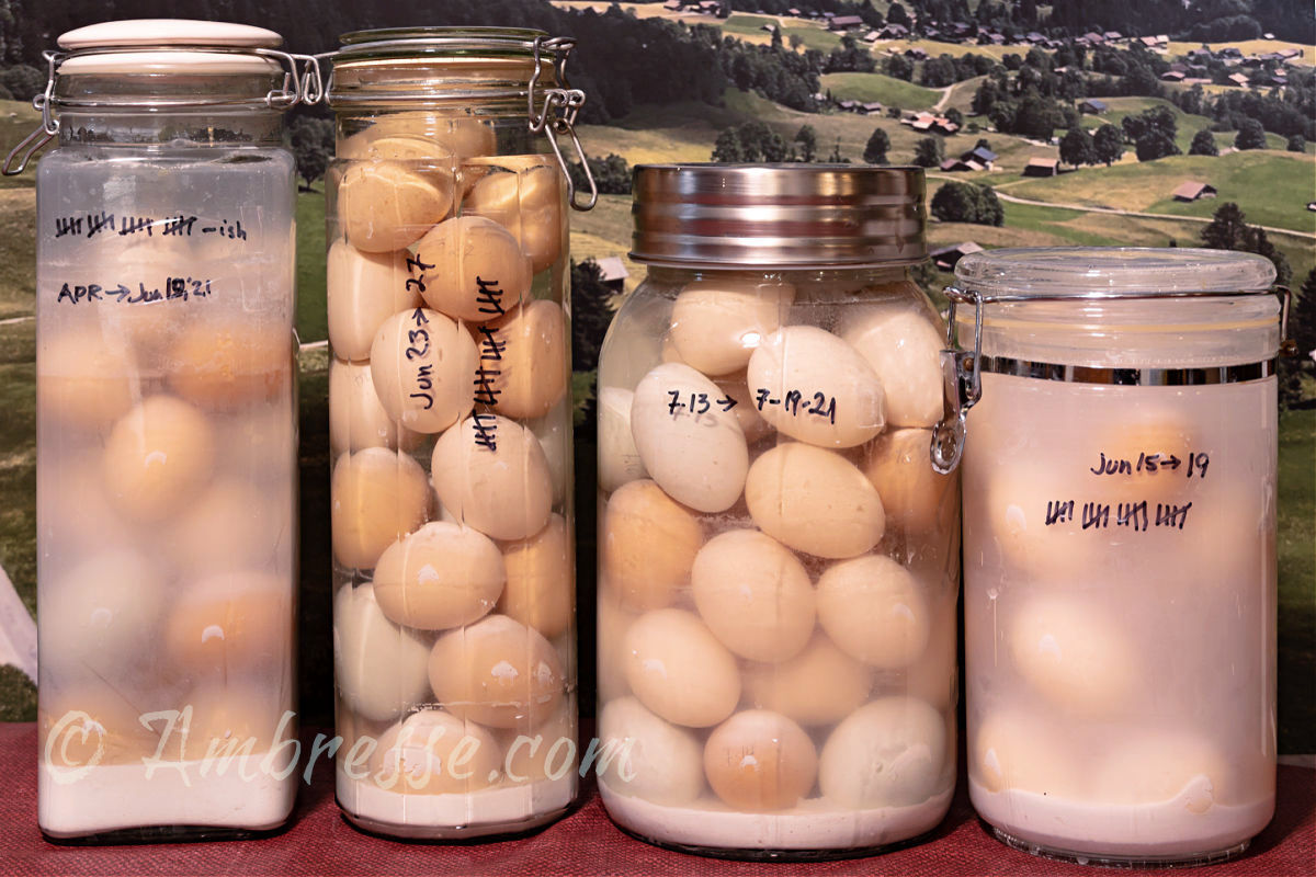 Jars of water glassed eggs.